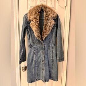 Faux Fur Collared Jean Trench Coat